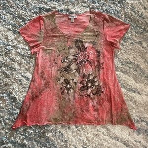 Dress Barn Light Flowy Top Floral Pink Brown Bling Accents Large